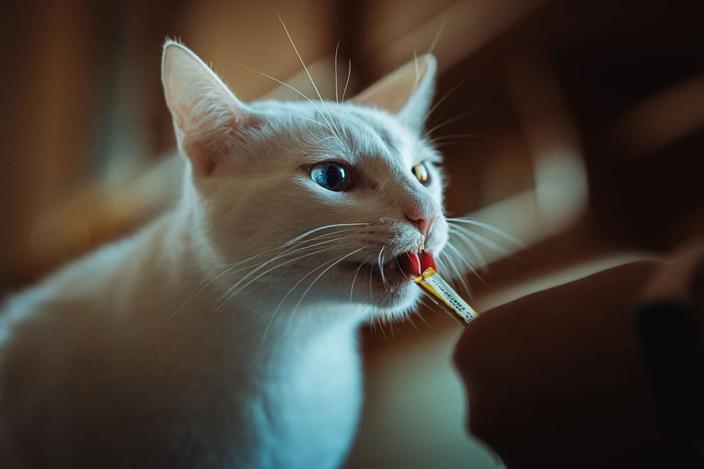 Chat blanc qui mange une friandise liquide.